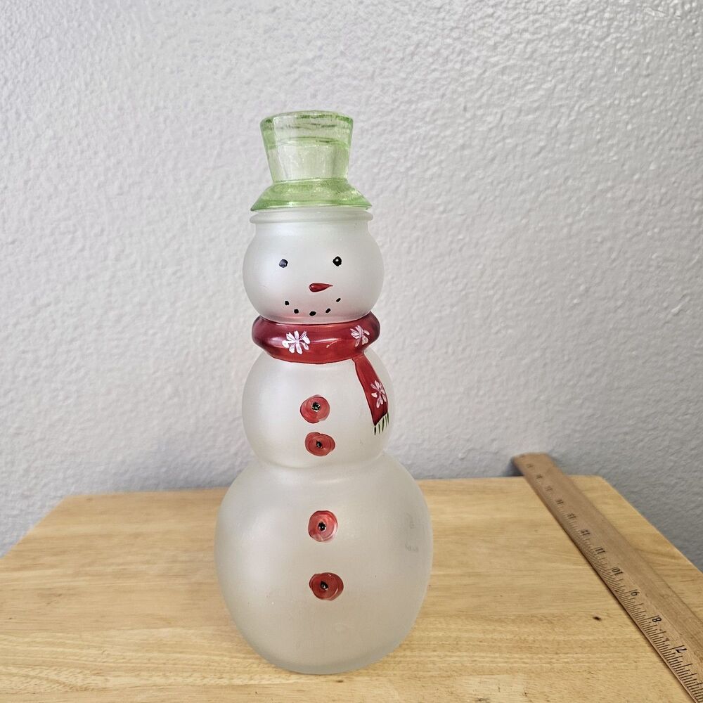 Vintage Frosted Glass Snowman Decanter Bottle Hand Painted Holiday Christmas...